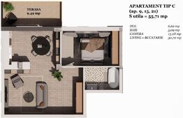 Apartament 2 camere semifinisat, parcare subterana terasa 55mp, zona Auchan Iris