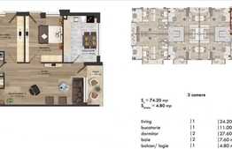 3 camere, 74,20 mp, imobil nou, semifinisat, zona strazii Buna Ziua