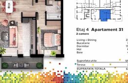 Apartament 2 camere, semifinisat, terasa, 55mp, Iris