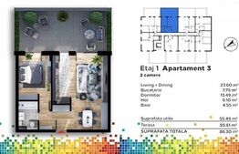 Apartament 2 camere, 55mp, semifinisat, terasa 30mp, Iris