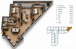 Apartament 3 camere 88 mp Terasa 22 mp etaj intermediar, Între Lacuri