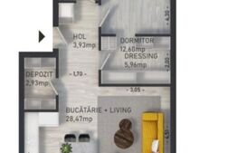 Apartament cu 2 camere open space, 58 mp, orientare S-N zona Regal