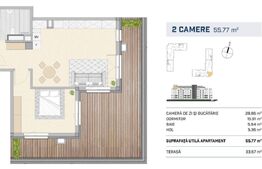 Apartament 2 camere cu terasa 33 mp.