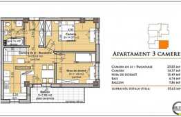 Vanzare apartament 3 camere, 55,63 mp, semifinisat, zona Baciu