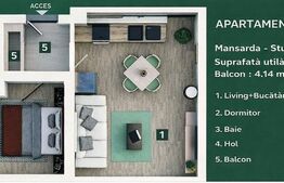 Apartament 2 camere, living cu bucătărie open space, balcon –45 mp utili