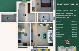 Apartament 2 camere, living cu bucătărie open space, balcon – 59 mp utili
