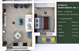 Apartament 2 camere, living cu bucătărie open space, balcon –45 mp utili