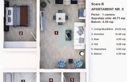 Apartament 2 camere, living cu bucătărie open space, balcon –48 mp utili