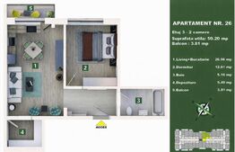Apartament 2 camere, living cu bucătărie open space, balcon –60 mp utili