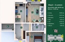 Apartament 2 camere, living cu bucatarie open space, balcon –59 mp utili