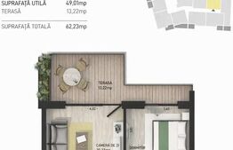 Apartament cu 2 camere, 49 mp, terasa 13 mp, zona Semicentrala