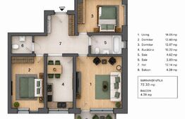 Apartament 3 camere, 2 bai , 72 mp + 4 mp terasa