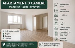 Apartament 3 camere, 65 mp, decomandat, 2 bai, zona Primăverii, Manastur