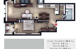 Apartament 3 camere, 69 mp, 2 bai, 2 balcone, CF, parcare, boxa, Zona Vivo 