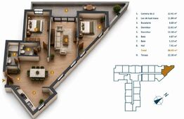 Apartament 3 camere, 88.2 mp, bloc nou cu CF, terasa 30.3 mp, Intre Lacuri