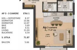 Apartament 3 camere, 71.87 mp, zona Dorobantilor