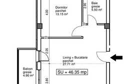 2 camere, 46 mp, semifinisat, imobil nou, zona Polus Center