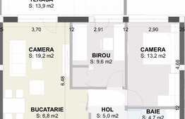 Apartament 3 camere, 58,5 mp, terasa de 13,9 mp, semifinisat, zona de est