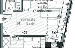Apartament 2 camere, 43.5 mp, semifinisat, terasa 50 mp, parcare, zona Piata Abator