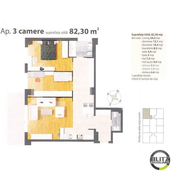 Apartament cu 3 camere, decomandat, 82 mp utili, imobil nou, terasa 33.8 mp