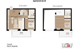 Apartament pe doua niveluri cu 2 camere, 69.66 mp, 2 balcoane, semifinisat, zona Dedeman