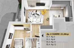 Apartament 2 camere, 52.28 mp, semifinisat, semicentral!