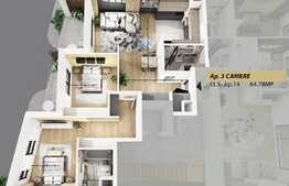 Apartament 3 camere, 84.78 mp, semifinisat, 2 balcoane, semicentral!