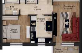 2 camere, 53.74 mp utili, decomandat, imobil nou