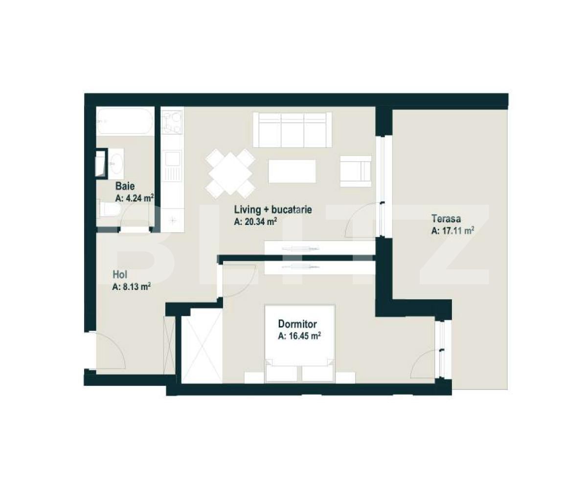 Apartament de 2 camere, 62.81 mp utili, terasa 22.49 mp!