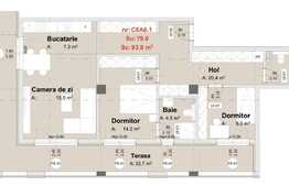 Apartament de 3 camere, 79.6 mp, terasa de 33.7 mp, semifinisat, zona Metro