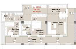 Apartament de 3 camere, 76.3 mp, terasa de 34.3 mp, semifinisat, zona Metro