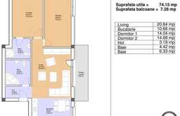 Apartament semifinisat cu 3 camere, 74.15 mp plus loc parcare