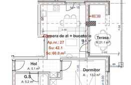 Apartament 2 camere, 42.1 mp, teresa 21.1 mp, semifinisat, zona Vivo