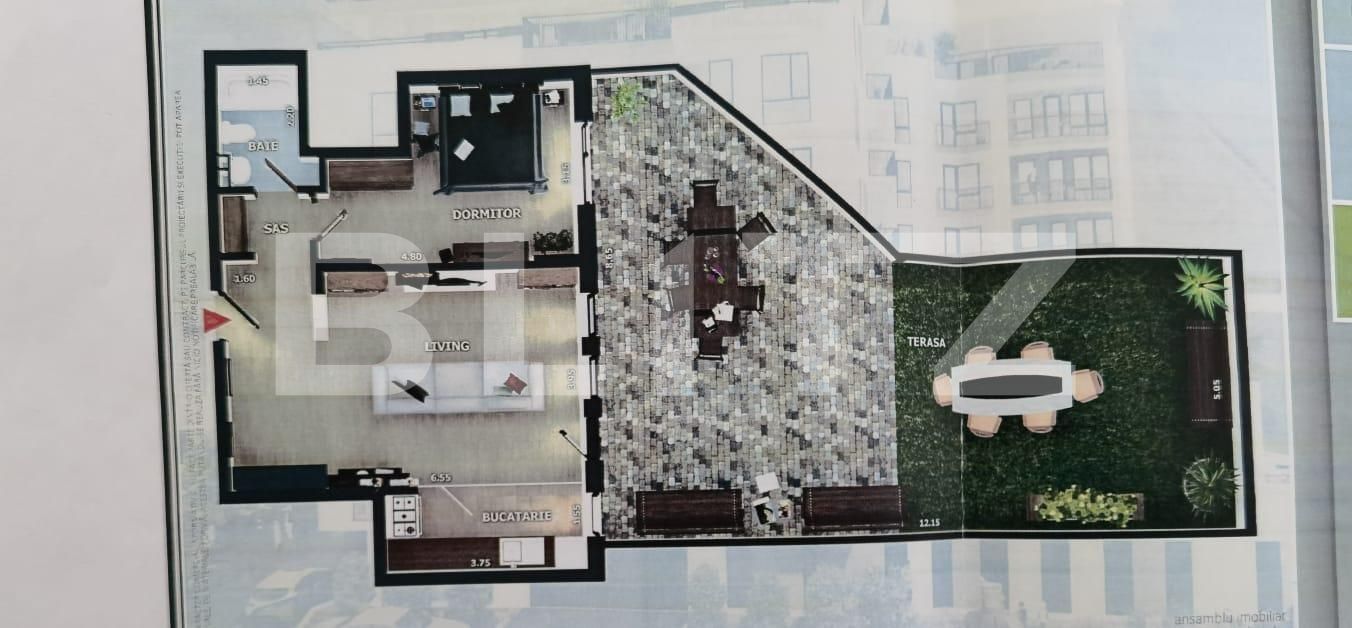 Apartament 2 camere, 50 mp, semifinisat, terasa 75 mp, zona Vivo!