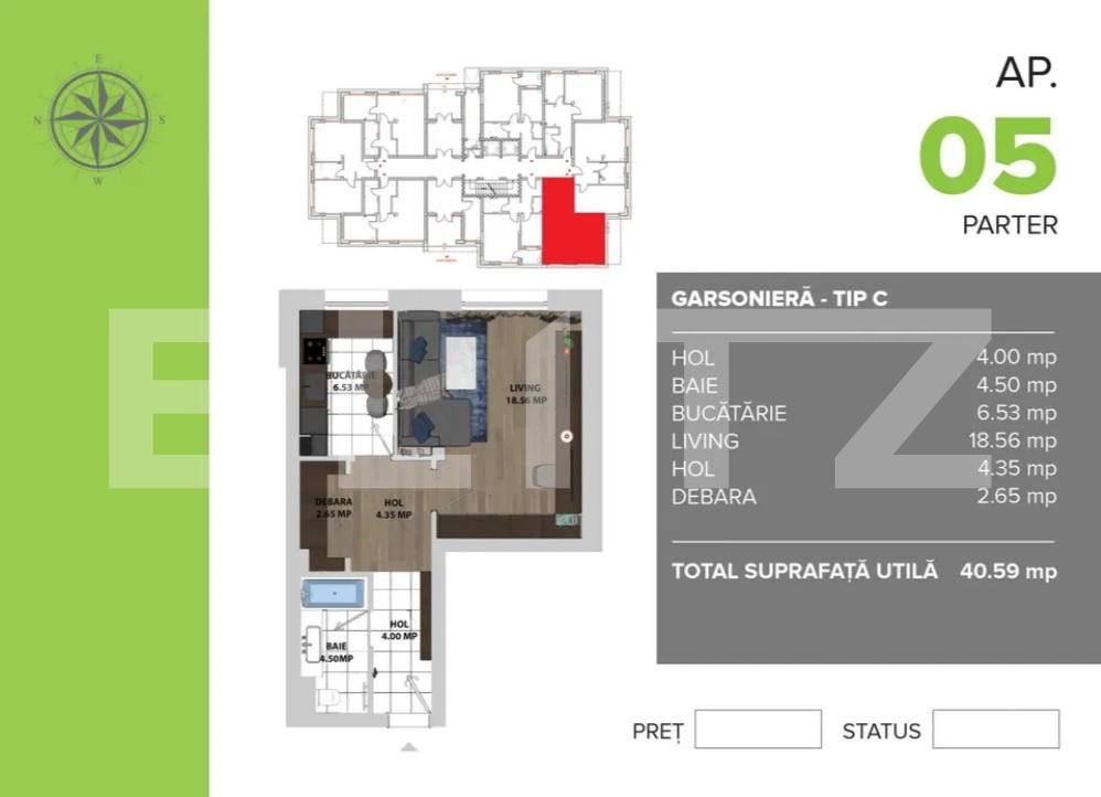 Garsoniera de 40 mp, decomandata, constructie noua