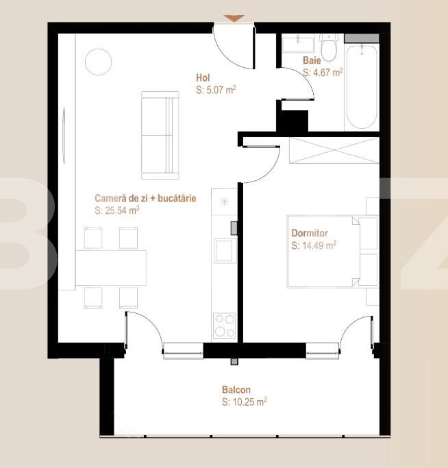 Apartament 2 camere, 45,10 mp + balcon 10,25 mp, zona Vivo
