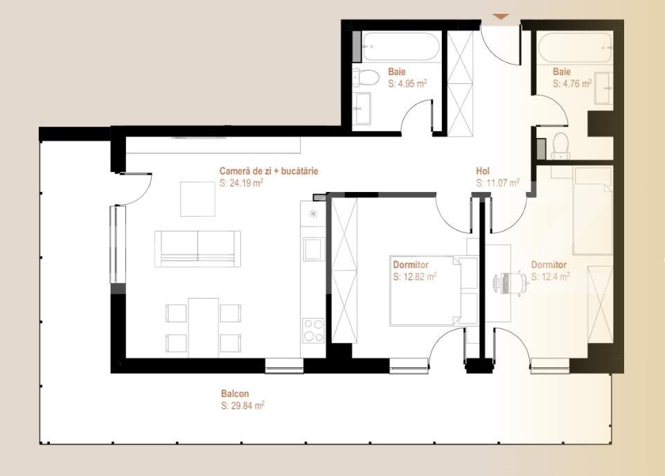 Apartament 3 camere, etaj intermediar 65.2 mp + balcon 7.5 mp, zona Vivo