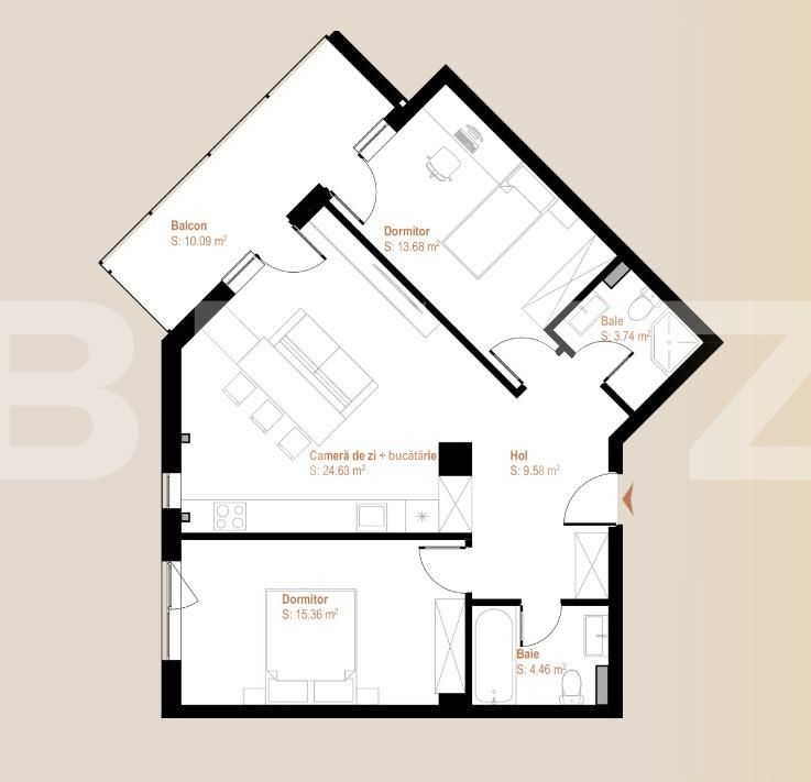 Apartament semifinisat 3 camere, 71,45 mp + balcon 10,09 mp, zona Vivo
