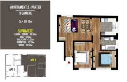 Apartament 3 camere, semifinisat, 79,10 mp, zona Terra
