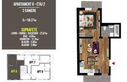 Apartament 2 camere, semifinisat, 56,27 mp, 2 balcoane, zona Terra