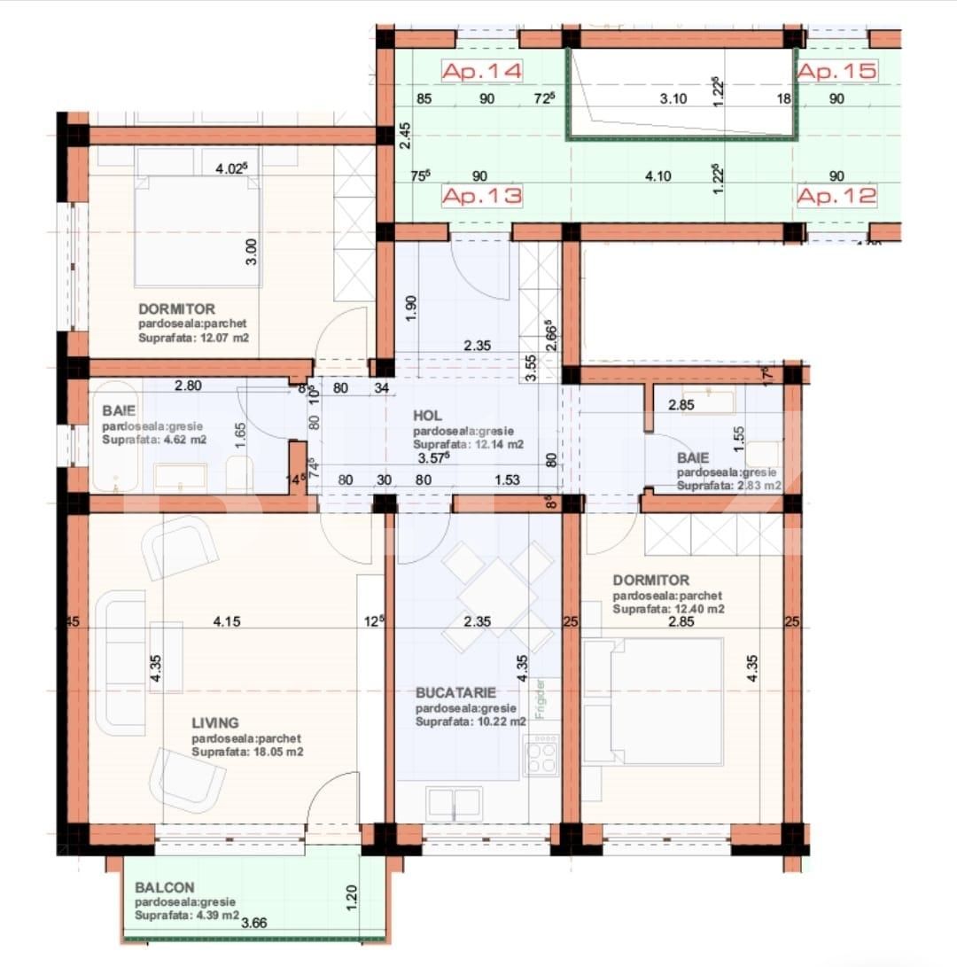 Apartament de 3 camere, 73mp, decomandat, Sanpetru