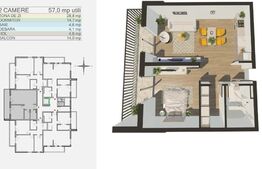 Apartament 2 camere, open-space, 57 mp, balcon, Bartolomeu
