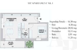 Apartament 2 camere, 44,3 mp , BLOC NOU, zona- CETATE