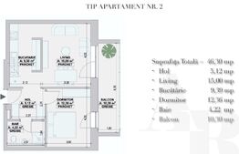 Apartament 2 camere, 46,3 mp, BLOC NOU, zona- CETATE