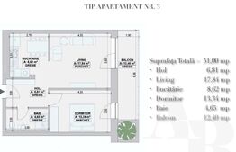 Apartament 2 camere , 51mp , balcon, zona Cetate 