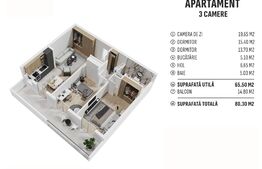 Apartament de 3 camere finisat, 65mp utili, cartier rezidențial nou! 