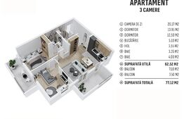 Apartament de 3 camere finisat, 62mp utili, cartier rezidențial nou!