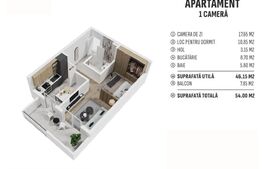 Apartament 1 camera, 46 mp, finisat, cartier nou rezidential! 
