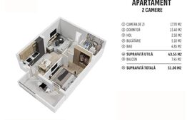Apartament de 2 camere finisat, 44 mp, terasa, cartier nou rezidential! 