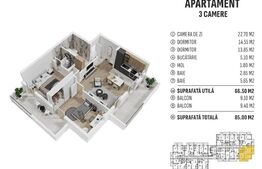 Apartament 3 camere, 2 băi, 2 terase, bloc nou 